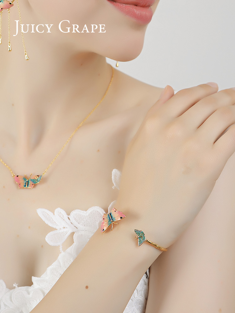 Colored Butterfly Enamel Open Bracelet