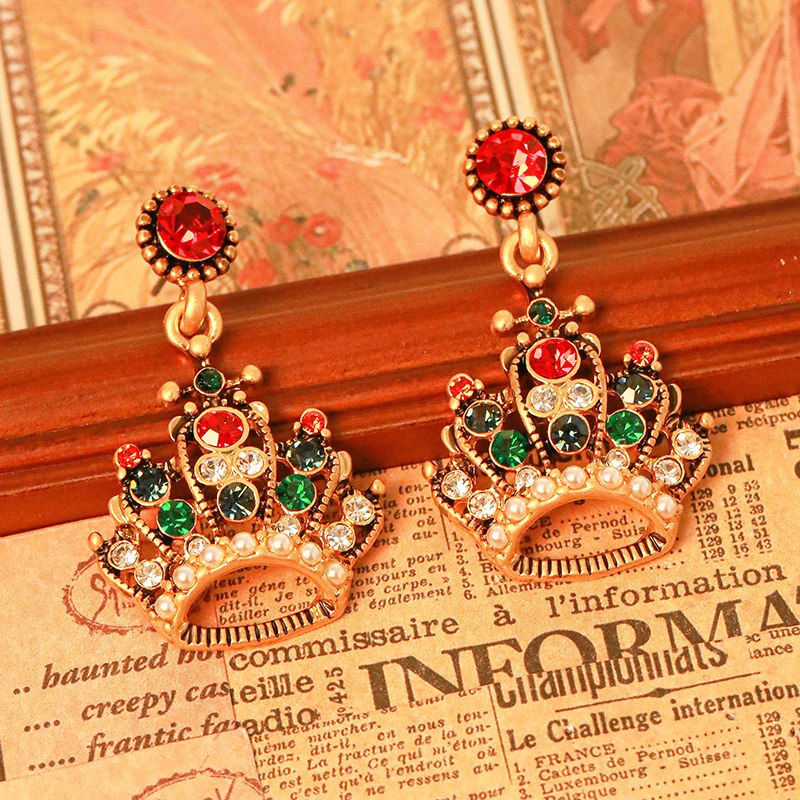 Inlaid Zircon Crown Retro Vintage Dangle Earrings