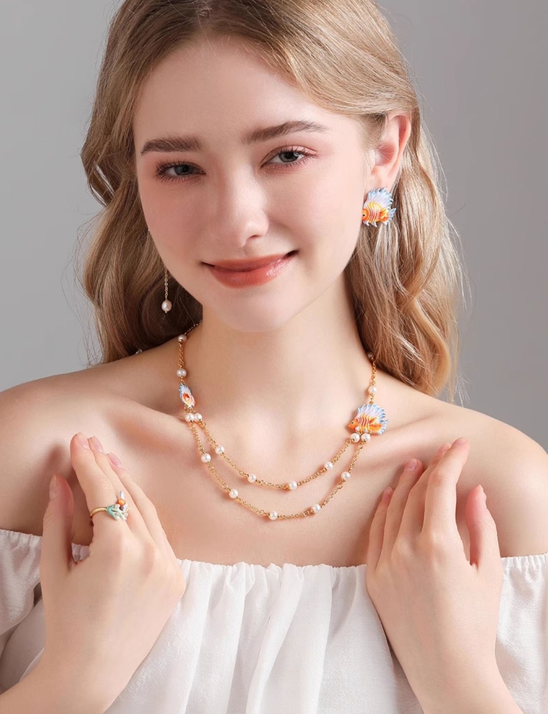 Tropical Fish And Pearl Enamel Asymmetrical Stud Earrings
