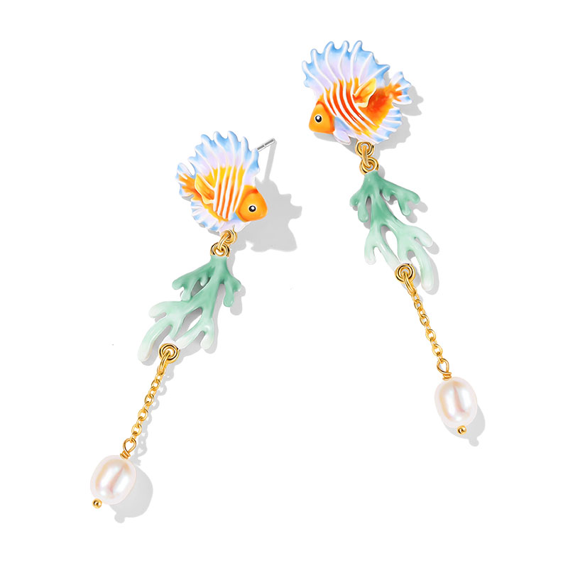 Tropical Fish Coral And Pearl Enamel Dangle Tassel Stud Earrings2