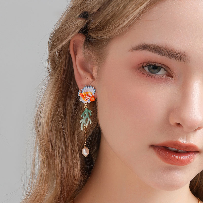 Tropical Fish Coral And Pearl Enamel Dangle Tassel Stud Earrings3