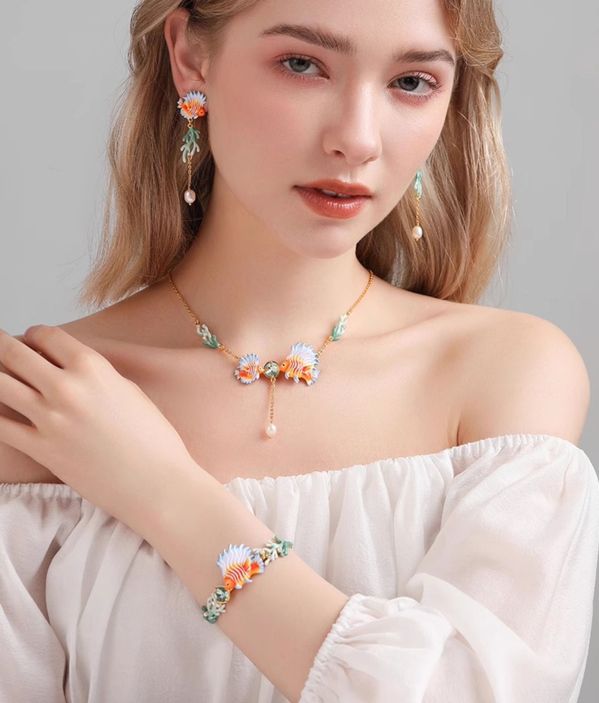Tropical Fish Coral And Pearl Enamel Dangle Tassel Stud Earrings4