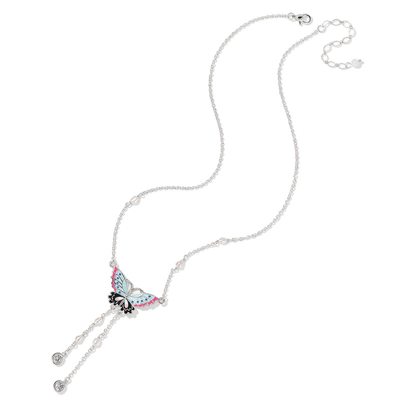 Butterfly And Zircon Enamel Pendant Tassel Necklace1