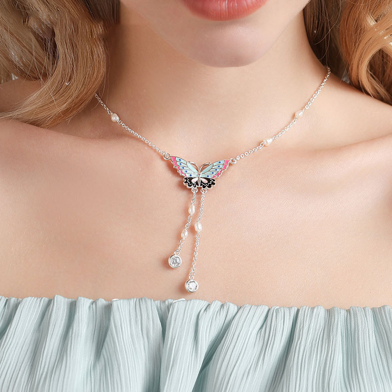 Butterfly And Zircon Enamel Pendant Tassel Necklace2