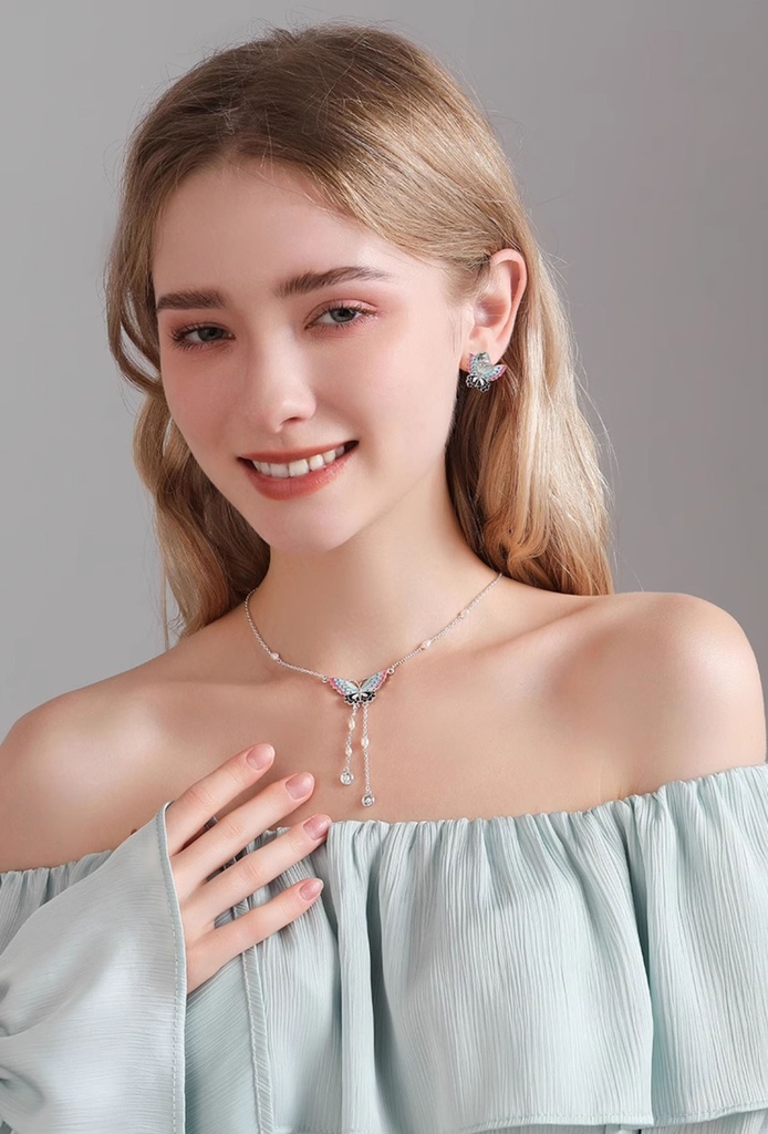 Butterfly And Zircon Enamel Pendant Tassel Necklace3