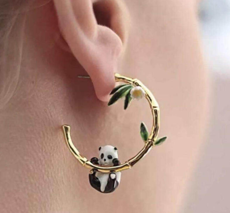 Panda Bamboo And Flower C Shape Enamel Stud Earrings Jewelry Gift