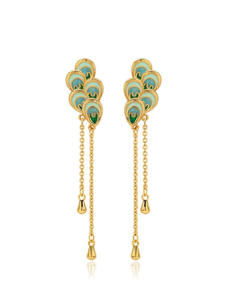 Peacock Feather Shape Green Blue Color Enamel Tassel Earrings