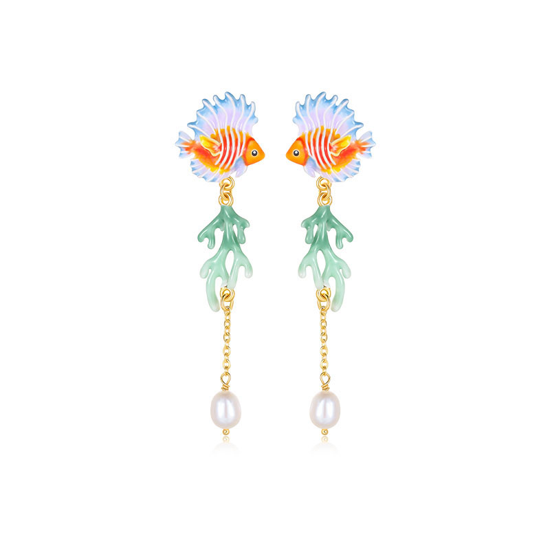 Tropical Fish Coral And Pearl Enamel Dangle Tassel Stud Earrings