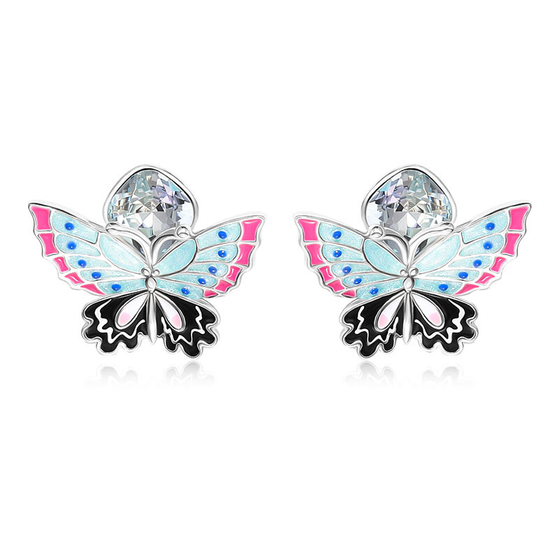 Butterfly And Zircon Enamel Stud Earrings