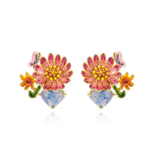 Pink Orange Colorful Flower Butterfly And Stone Enamel Stud Earrings Jewelry Gift